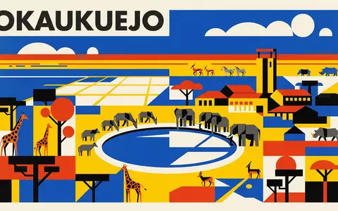 Bauhaus-Poster als geometrische Abstraktion von Etosha-Nationalpark in Okaukuejo Namibia, kraeftige Grundfarben und harte Formkanten - Foto: THN