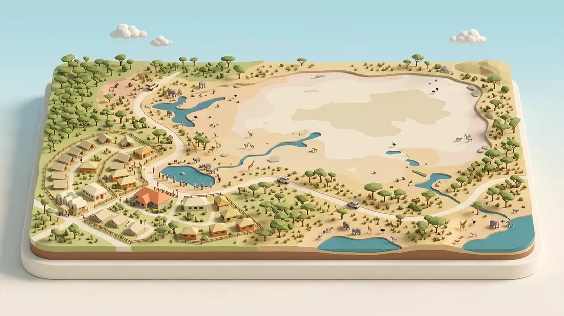 Isometrisches Diorama von Etosha-Nationalpark in Okaukuejo, Namibia in Pastell