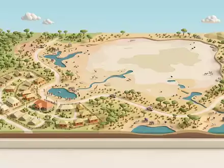 Isometrisches Diorama von Etosha-Nationalpark und Umgebung in Okaukuejo Namibia, verspielte Low-Poly-Kulisse in Pastellfarben - Foto: THN