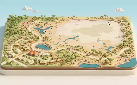 Isometrisches Diorama von Etosha-Nationalpark und Umgebung in Okaukuejo Namibia, verspielte Low-Poly-Kulisse in Pastellfarben - Foto: THN