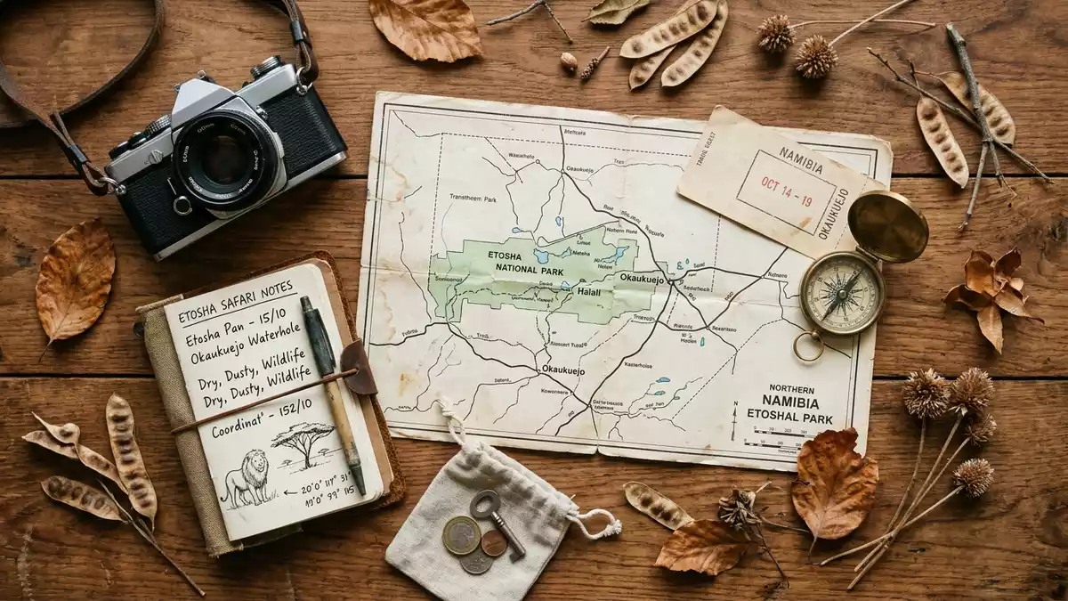 Flatlay-Reise-Arrangement rund um Etosha-Nationalpark in Okaukuejo, Namibia