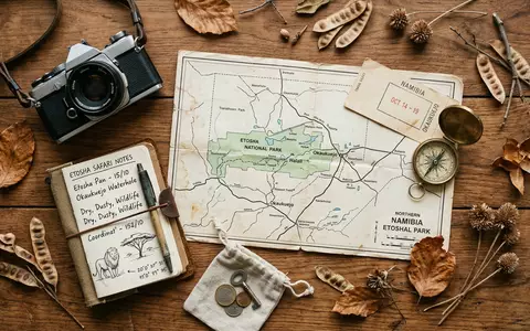 Flatlay-Reise-Arrangement rund um Etosha-Nationalpark in Okaukuejo Namibia, Karte Kompass Kamera und generische Reiserequisiten - Foto: THN
