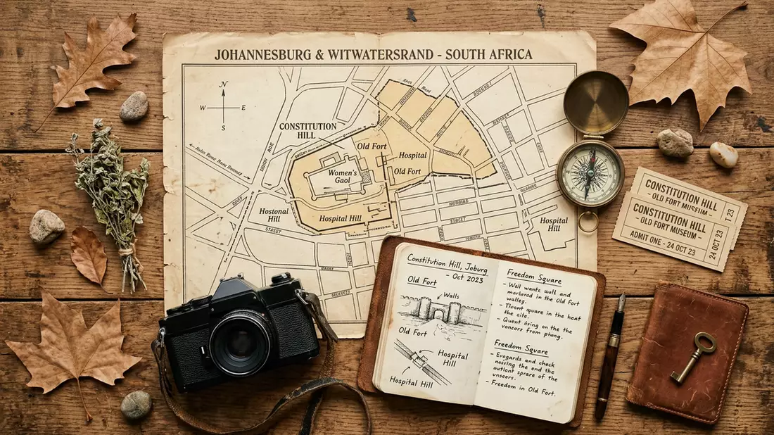 Flatlay-Reise-Arrangement rund um Constitution Hill in Johannesburg, Sudafrika
