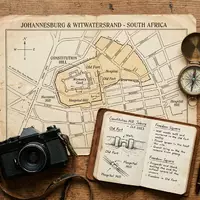Flatlay-Reise-Arrangement rund um Constitution Hill in Johannesburg Sudafrika, Karte Kompass Kamera und generische Reiserequisiten - Foto: THN