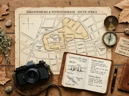 Flatlay-Reise-Arrangement rund um Constitution Hill in Johannesburg Sudafrika, Karte Kompass Kamera und generische Reiserequisiten - Foto: THN
