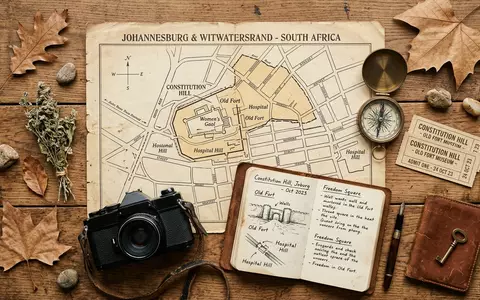 Flatlay-Reise-Arrangement rund um Constitution Hill in Johannesburg Sudafrika, Karte Kompass Kamera und generische Reiserequisiten - Foto: THN