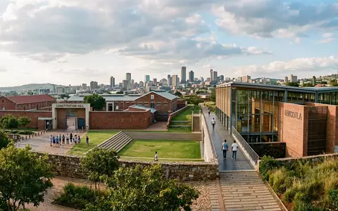 Editorialbild im Reisemagazin-Stil vom Wahrzeichen Constitution Hill in Johannesburg Sudafrika, ausgewogene Bildgestaltung und natuerliches Umgebungslicht - Foto: THN