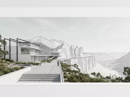 Moderner Architektur-Render zeigt Silhouette von Blue Mountains Australien in Katoomba Australien, klare Linien und neutrales - Foto: THN