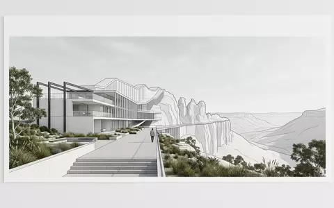 Moderner Architektur-Render zeigt Silhouette von Blue Mountains Australien in Katoomba Australien, klare Linien und neutrales - Foto: THN