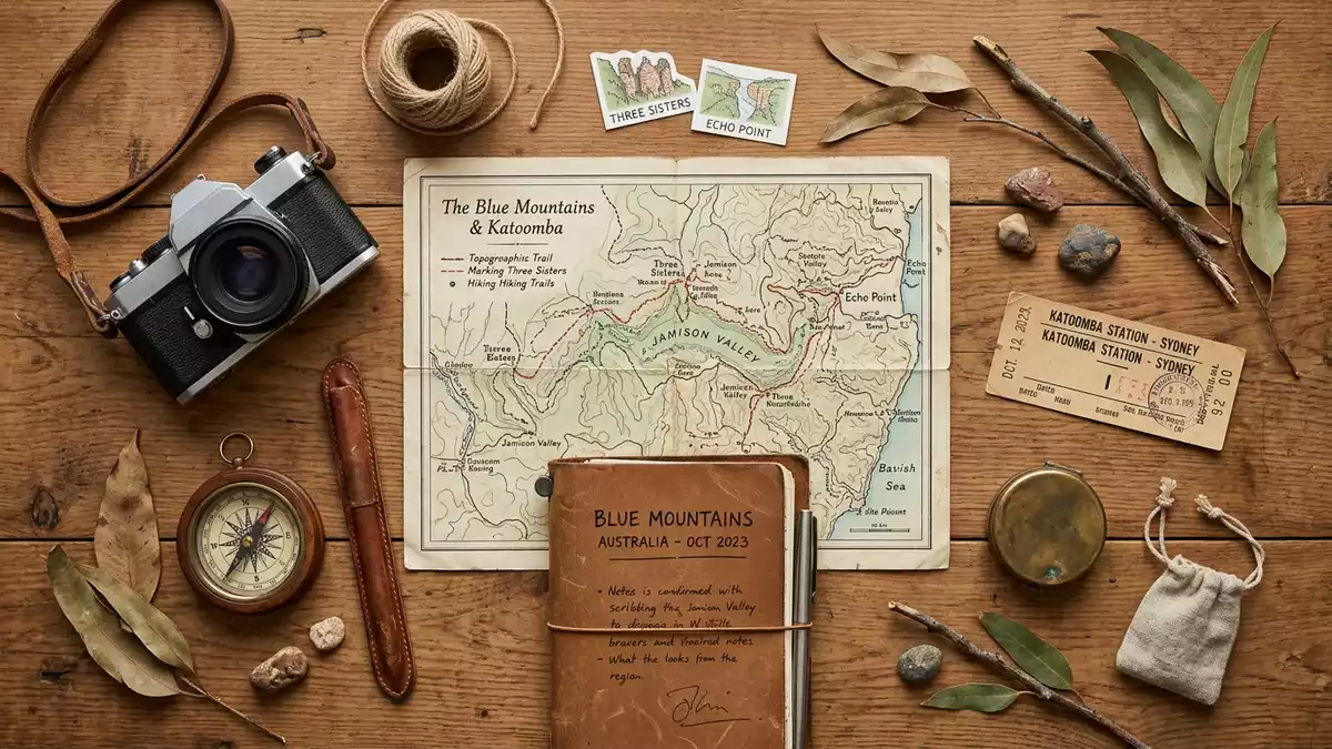Flatlay-Reise-Arrangement rund um Blue Mountains Australien in Katoomba, Australien