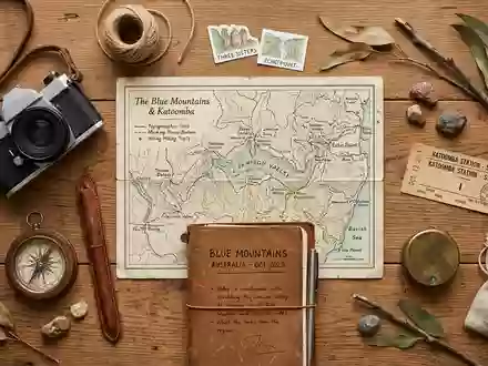 Flatlay-Reise-Arrangement rund um Blue Mountains Australien in Katoomba Australien, Karte Kompass Kamera und generische Reiserequisiten - Foto: THN