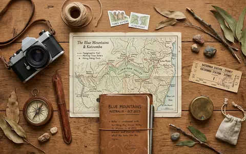 Flatlay-Reise-Arrangement rund um Blue Mountains Australien in Katoomba Australien, Karte Kompass Kamera und generische Reiserequisiten - Foto: THN