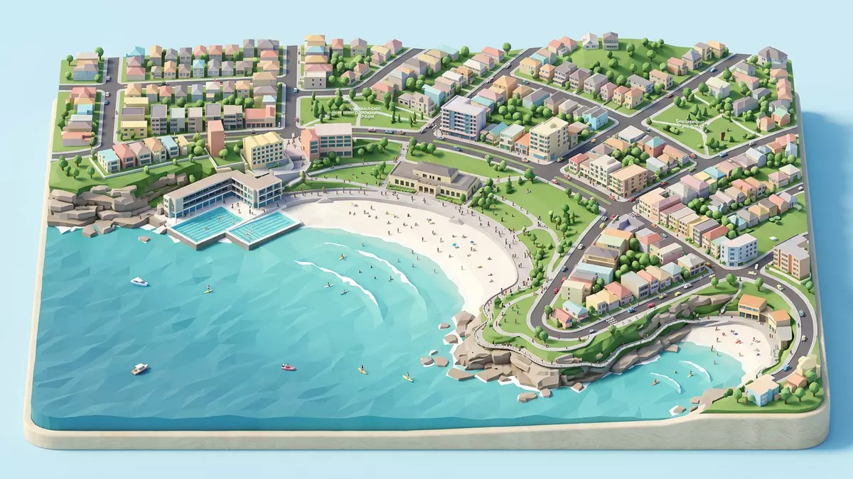 Isometrisches Diorama von Bondi Beach in Sydney, Australien in Pastell