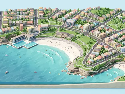 Isometrisches Diorama von Bondi Beach und Umgebung in Sydney Australien, verspielte Low-Poly-Kulisse in Pastellfarben - Foto: THN