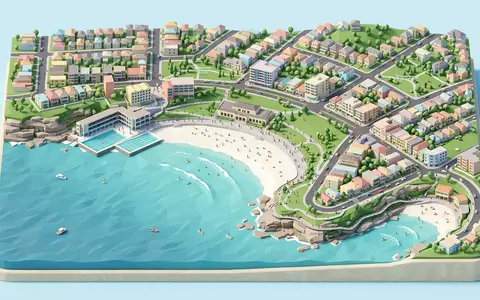 Isometrisches Diorama von Bondi Beach und Umgebung in Sydney Australien, verspielte Low-Poly-Kulisse in Pastellfarben - Foto: THN