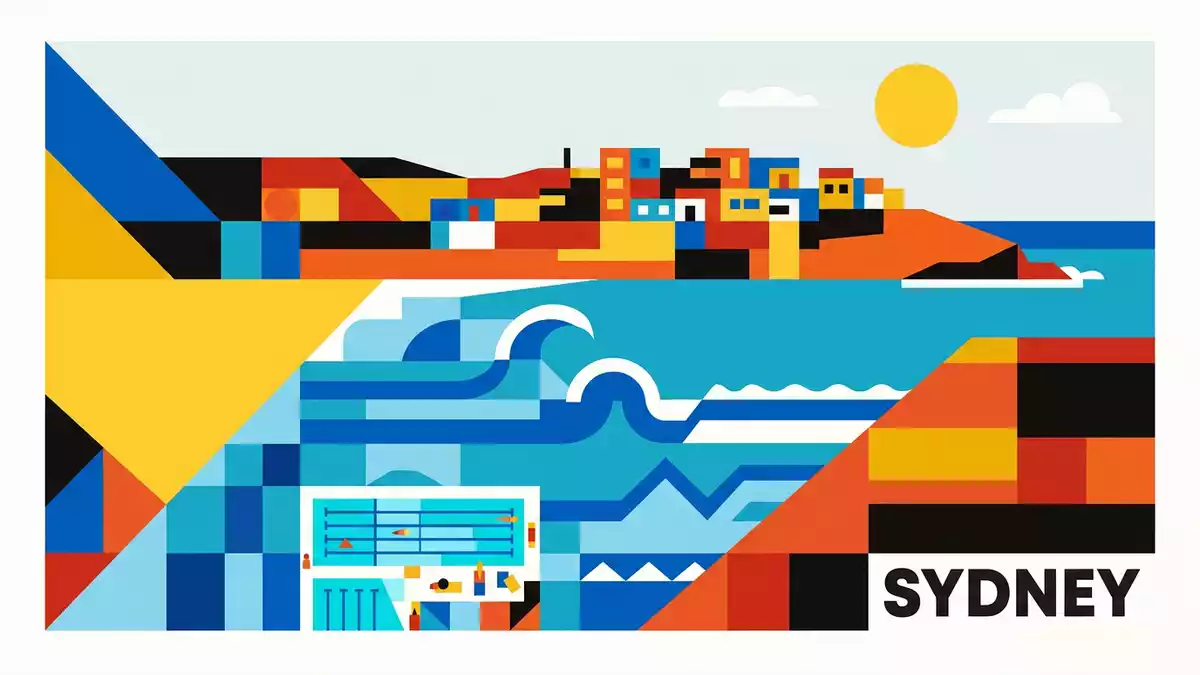 Bauhaus-Poster als Abstraktion von Bondi Beach in Sydney, Australien