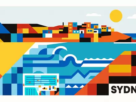 Bauhaus-Poster als geometrische Abstraktion von Bondi Beach in Sydney Australien, kraeftige Grundfarben und harte Formkanten - Foto: THN