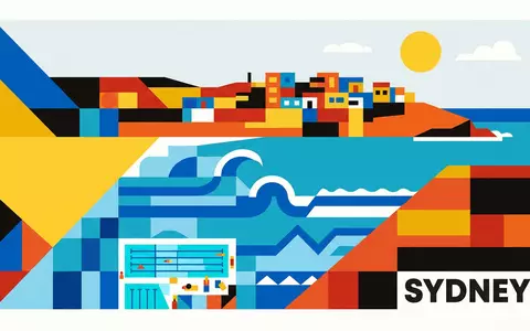 Bauhaus-Poster als geometrische Abstraktion von Bondi Beach in Sydney Australien, kraeftige Grundfarben und harte Formkanten - Foto: THN
