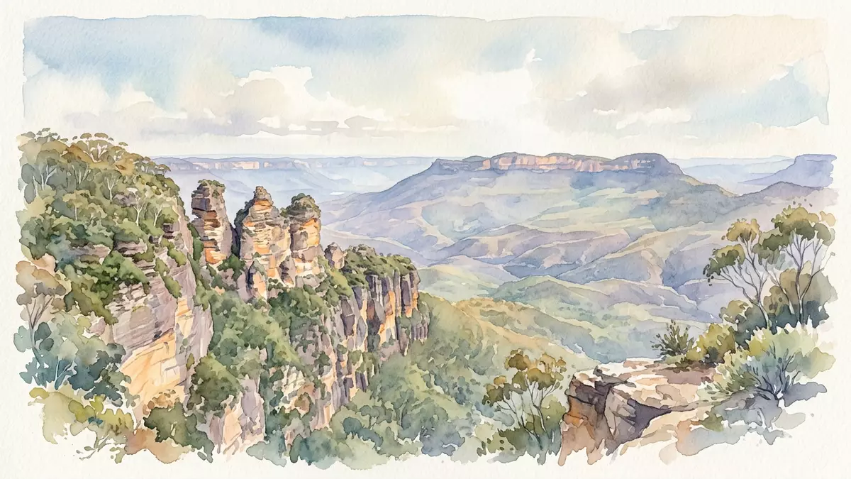 Aquarell-Illustration von Three Sisters Katoomba in Katoomba, Australien als Reiseposter