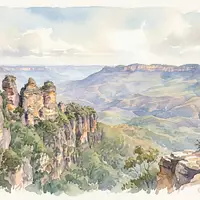 Aquarellillustration des Wahrzeichens Three Sisters Katoomba in Katoomba Australien, weiche Farbverläufe und pastelliges Reiseposter-Feeling - Foto: THN