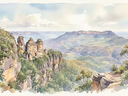 Aquarellillustration des Wahrzeichens Three Sisters Katoomba in Katoomba Australien, weiche Farbverläufe und pastelliges Reiseposter-Feeling - Foto: THN