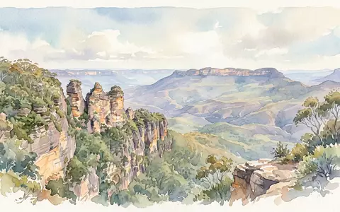 Aquarellillustration des Wahrzeichens Three Sisters Katoomba in Katoomba Australien, weiche Farbverläufe und pastelliges Reiseposter-Feeling - Foto: THN