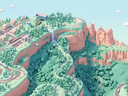 Isometrisches Diorama von Three Sisters Katoomba und Umgebung in Katoomba Australien, verspielte Low-Poly-Kulisse in Pastellfarben - Foto: THN
