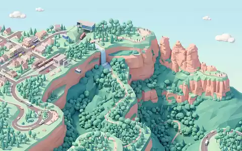 Isometrisches Diorama von Three Sisters Katoomba und Umgebung in Katoomba Australien, verspielte Low-Poly-Kulisse in Pastellfarben - Foto: THN