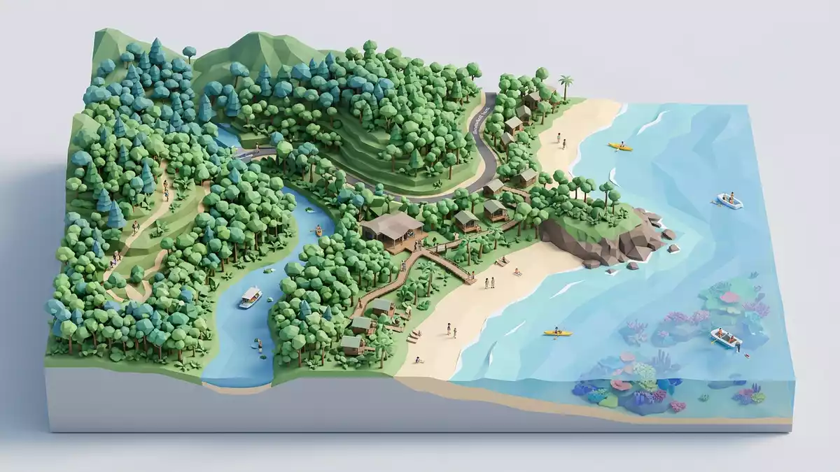 Isometrisches Diorama von Daintree Rainforest in Cape Tribulation, Australien in Pastell
