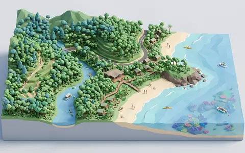 Isometrisches Diorama von Daintree Rainforest und Umgebung in Cape Tribulation Australien, verspielte Low-Poly-Kulisse in Pastellfarben - Foto: THN