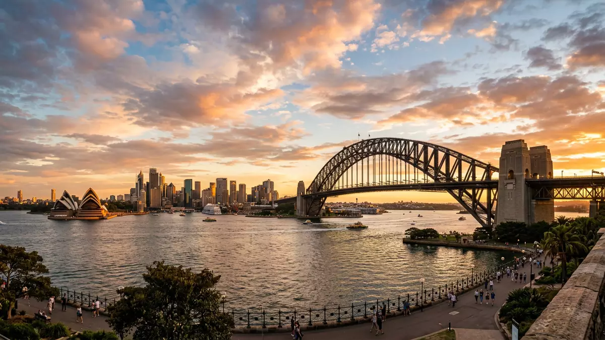 Fotorealistische Ansicht von Sydney Harbour Bridge in Sydney, Australien im Abendlicht