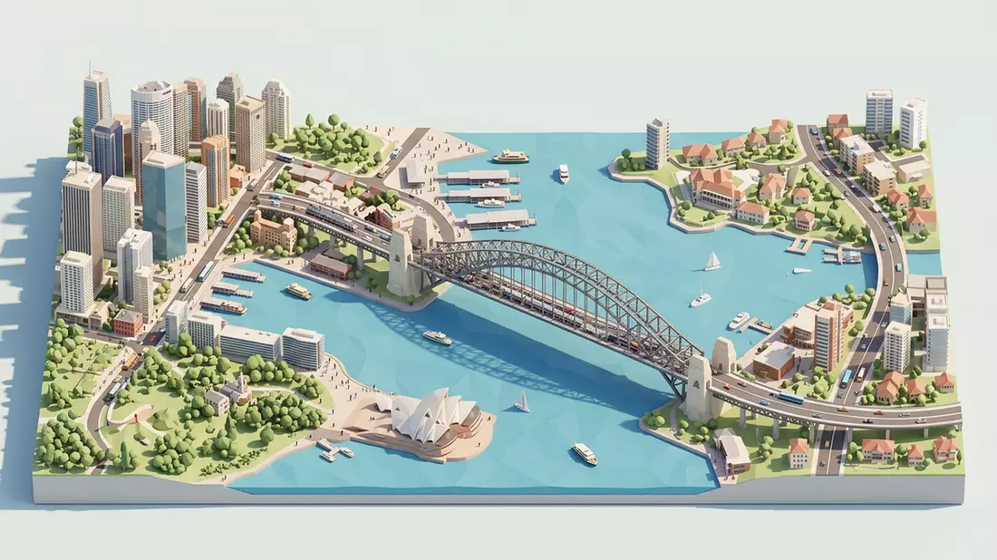 Isometrisches Diorama von Sydney Harbour Bridge in Sydney, Australien in Pastell
