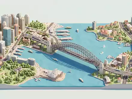 Isometrisches Diorama von Sydney Harbour Bridge und Umgebung in Sydney Australien, verspielte Low-Poly-Kulisse in Pastellfarben - Foto: THN