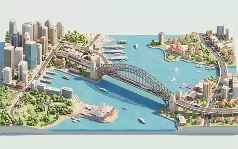 Isometrisches Diorama von Sydney Harbour Bridge und Umgebung in Sydney Australien, verspielte Low-Poly-Kulisse in Pastellfarben - Foto: THN