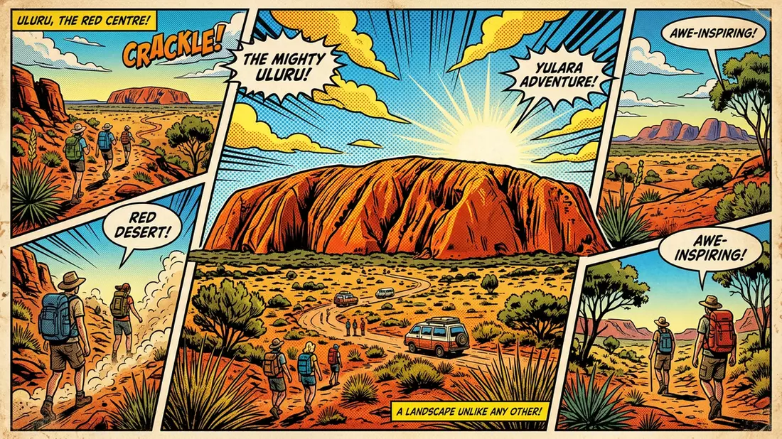 Pop-Art-Comic von Uluru in Yulara, Australien mit Rasterpunkten