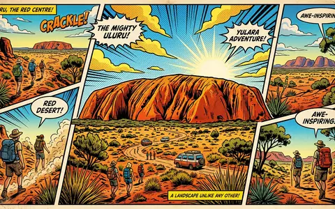 Pop-Art-Comicillustration des Wahrzeichens Uluru in Yulara Australien, kraeftige Konturen Rasterpunkte und satte Farben - Foto: THN