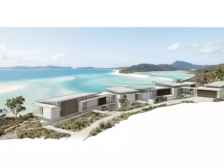 Moderner Architektur-Render zeigt Silhouette von Whitehaven Beach in Whitsundays Australien, klare Linien und neutrales Tageslicht - Foto: THN