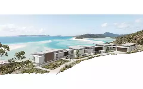 Moderner Architektur-Render zeigt Silhouette von Whitehaven Beach in Whitsundays Australien, klare Linien und neutrales Tageslicht - Foto: THN