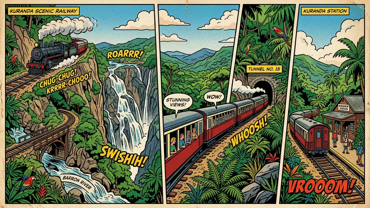 Pop-Art-Comic von Kuranda Scenic Railway in Kuranda, Australien mit Rasterpunkten