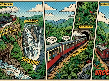 Pop-Art-Comicillustration des Wahrzeichens Kuranda Scenic Railway in Kuranda Australien, kraeftige Konturen Rasterpunkte und satte Farben - Foto: THN
