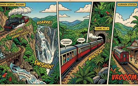 Pop-Art-Comicillustration des Wahrzeichens Kuranda Scenic Railway in Kuranda Australien, kraeftige Konturen Rasterpunkte und satte Farben - Foto: THN