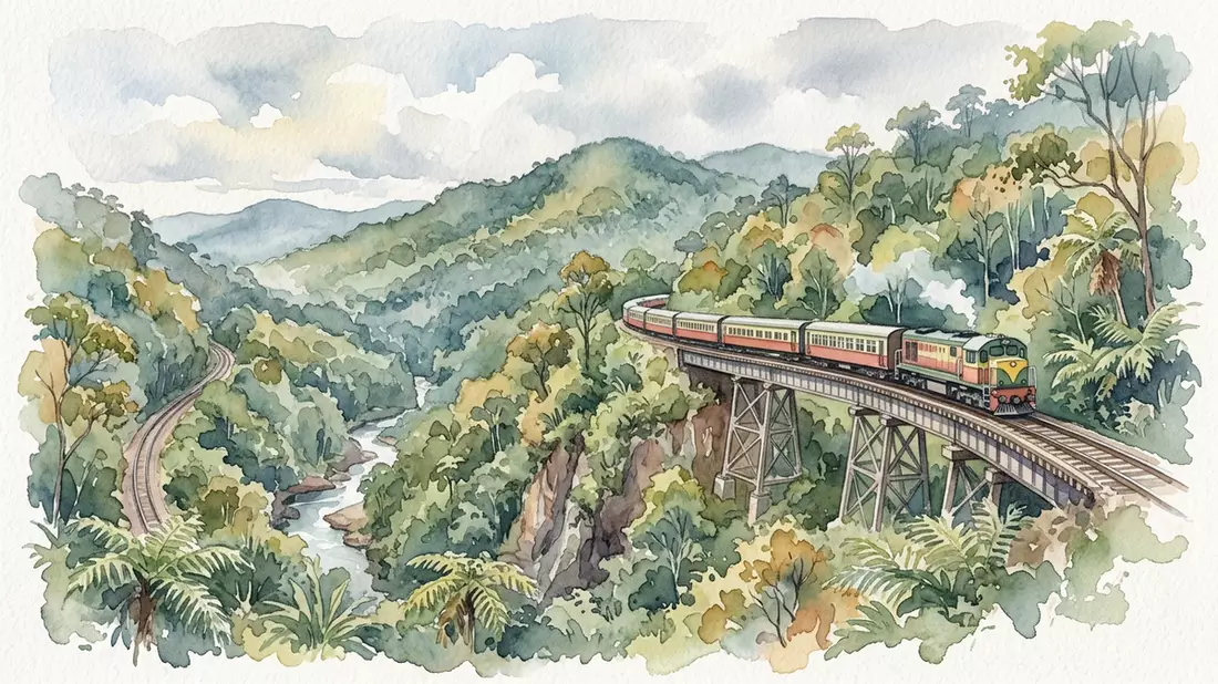 Aquarell-Illustration von Kuranda Scenic Railway in Kuranda, Australien als Reiseposter