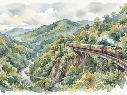 Aquarellillustration des Wahrzeichens Kuranda Scenic Railway in Kuranda Australien, weiche FarbverlÀufe und pastelliges Reiseposter-Feeling - Foto: THN