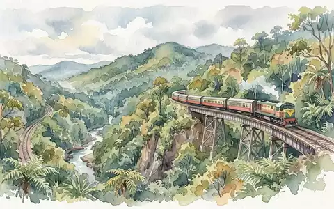 Aquarellillustration des Wahrzeichens Kuranda Scenic Railway in Kuranda Australien, weiche Farbverläufe und pastelliges Reiseposter-Feeling - Foto: THN