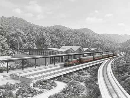 Moderner Architektur-Render zeigt Silhouette von Kuranda Scenic Railway in Kuranda Australien, klare Linien und neutrales - Foto: THN