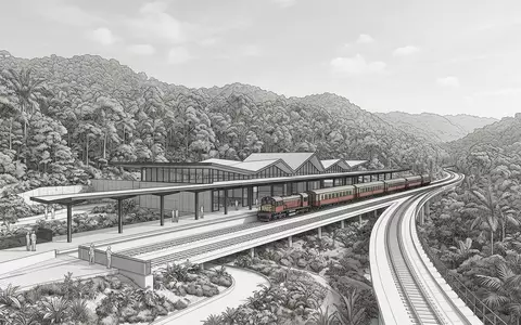Moderner Architektur-Render zeigt Silhouette von Kuranda Scenic Railway in Kuranda Australien, klare Linien und neutrales - Foto: THN