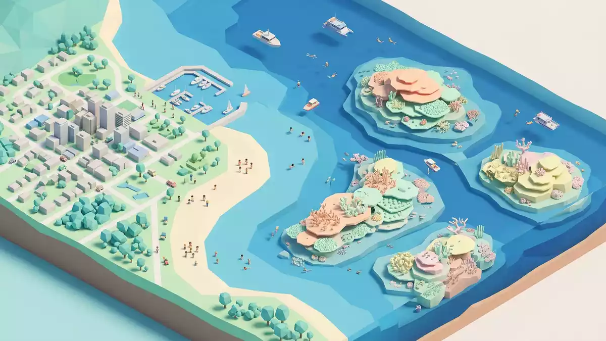 Isometrisches Diorama von Great Barrier Reef in Cairns, Australien in Pastell