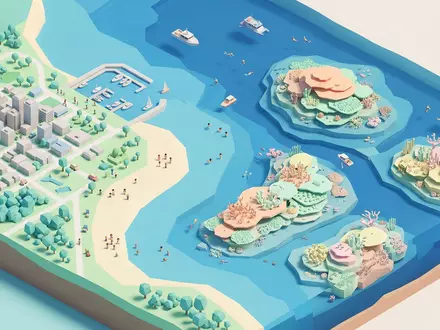 Isometrisches Diorama von Great Barrier Reef und Umgebung in Cairns Australien, verspielte Low-Poly-Kulisse in Pastellfarben - Foto: THN