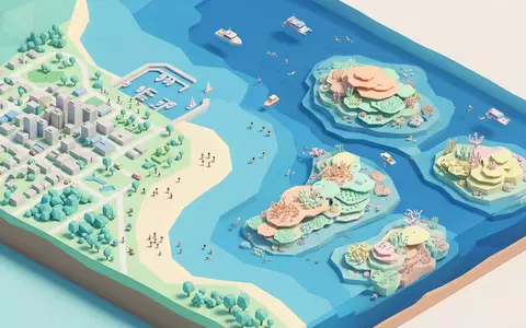 Isometrisches Diorama von Great Barrier Reef und Umgebung in Cairns Australien, verspielte Low-Poly-Kulisse in Pastellfarben - Foto: THN