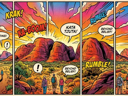 Pop-Art-Comicillustration des Wahrzeichens Kata Tjuta in Yulara Australien, kraeftige Konturen Rasterpunkte und satte Farben - Foto: THN